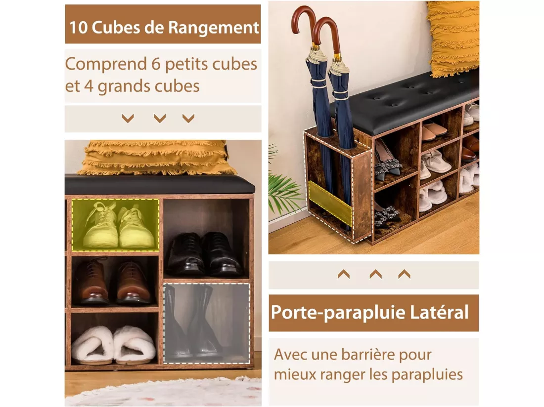 Banc à Chaussures avec Porte-Parapluie, Banc de Rangement 10 Compartiments avec Coussin Rembourré, Style Industriel, Charge 300 kg (Marron Rustique)