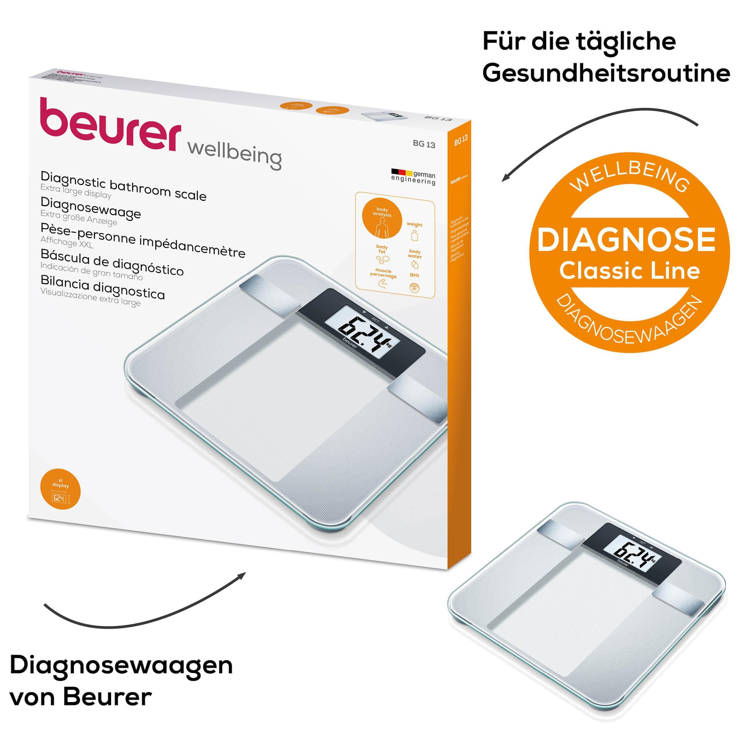 BEURER Körper-Analyse-Waage »BG 13 zur Messung von Gewicht, Körperfett, Körperwasser, Muskelanteil« Trittfläche aus Sicherheitsglas, Tragkraft bis 150 kg