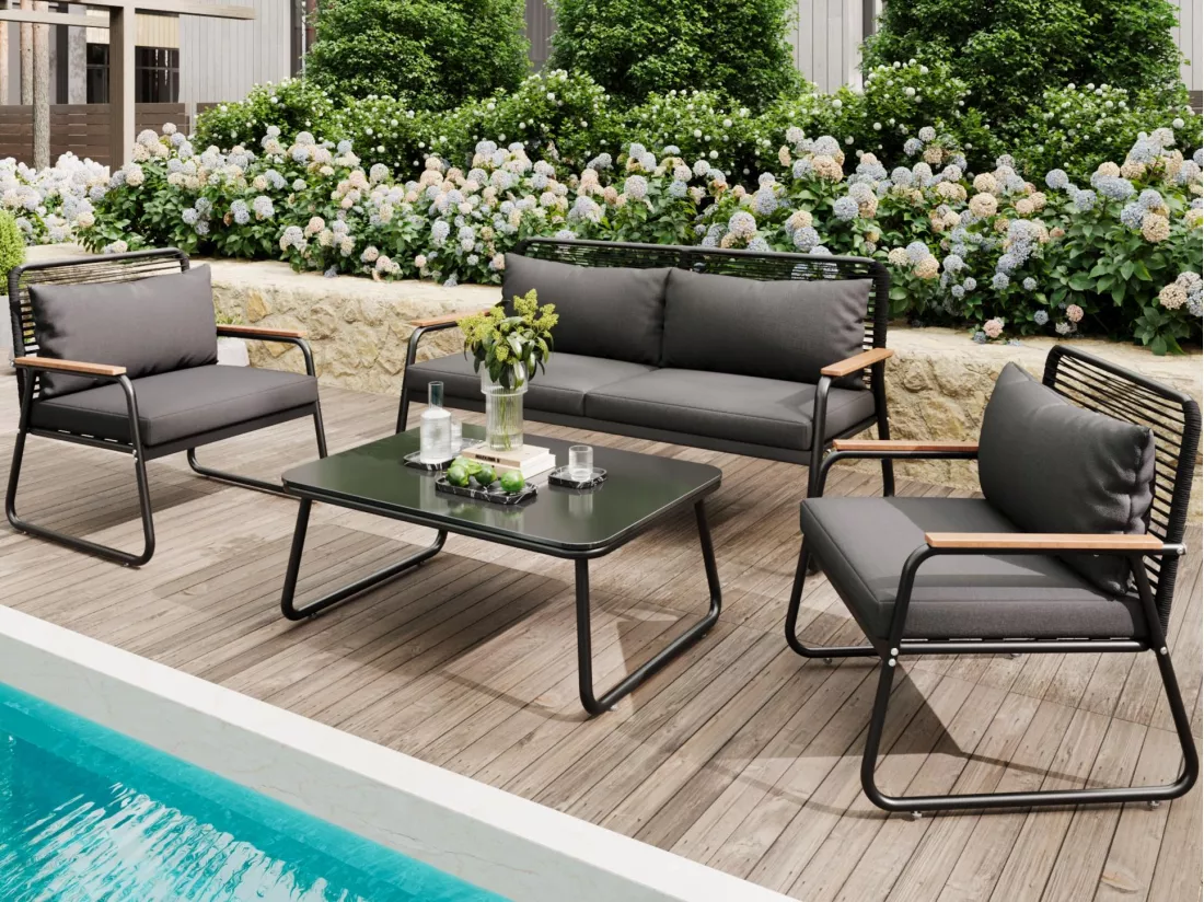 Salon de jardin pour 4 personnes, structure en fer galvanisé, pieds réglables, 1 canapé - 2 fauteuils et 1 table basse, noir