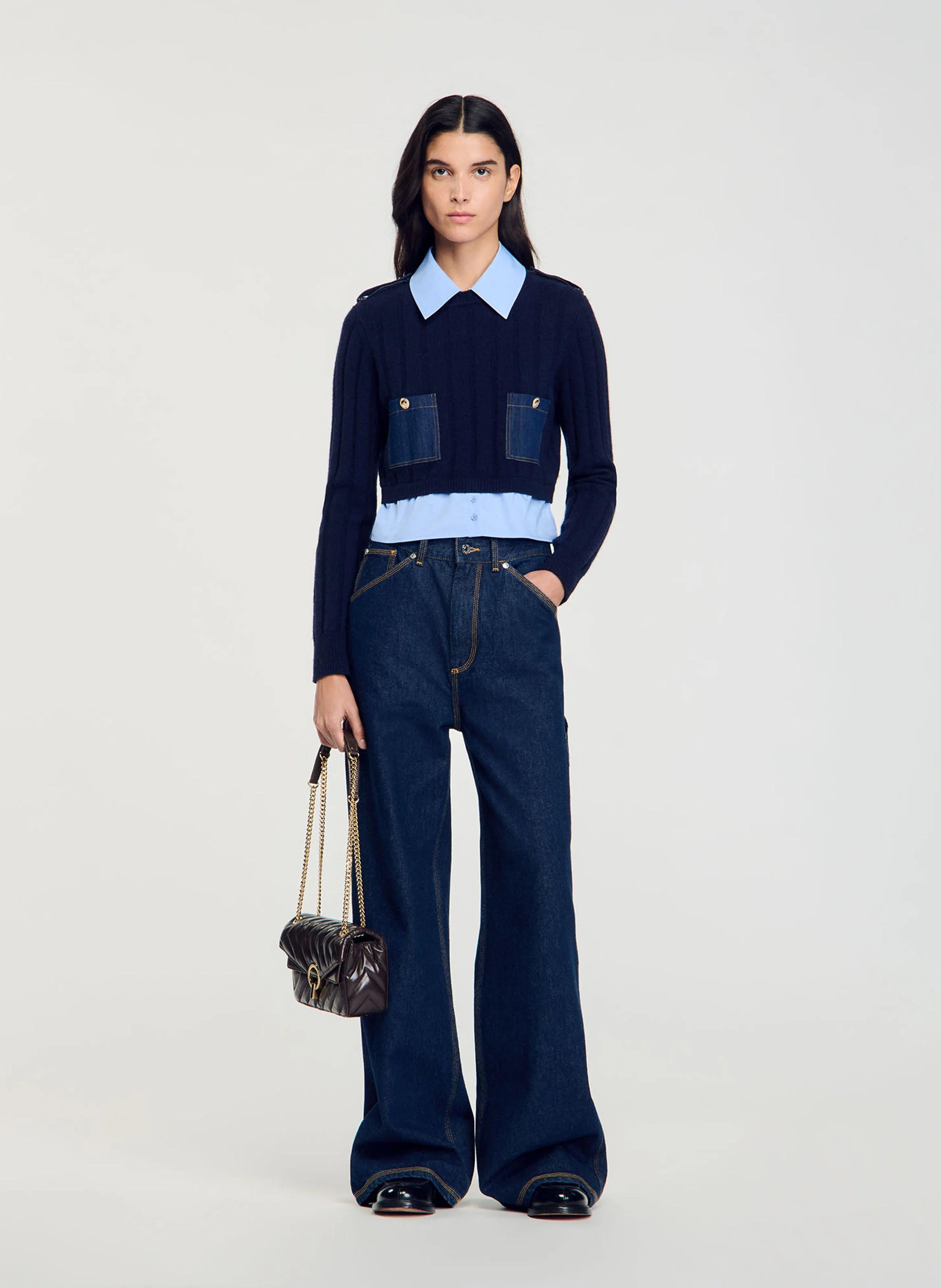 Pull col classique droit en laine et cachemire| Bleu