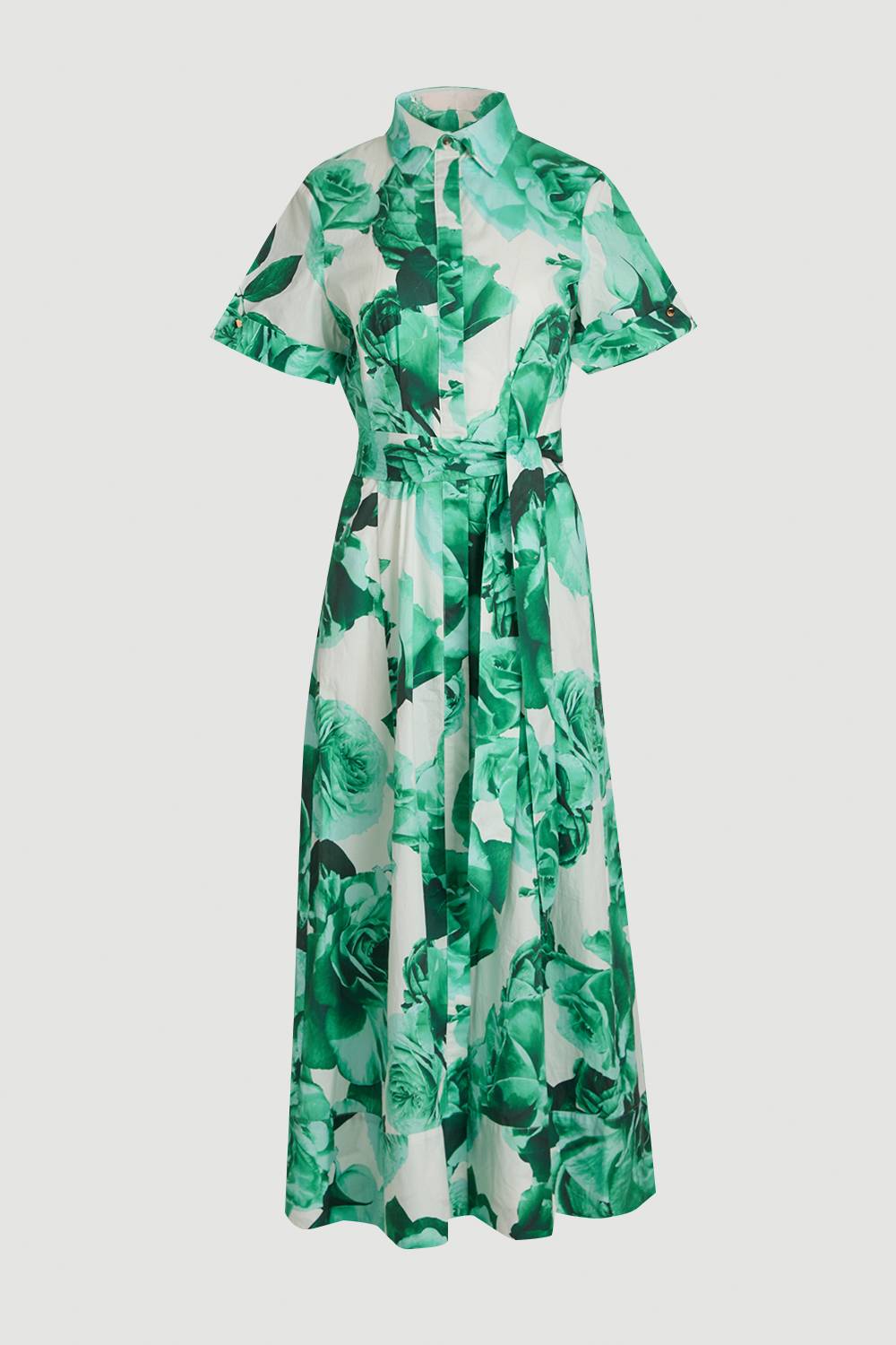 KarenMillen Robe Chemise Longue Ceinturée À Imprimé Floral Roses En Satin De Coton Tissé Petite Taille