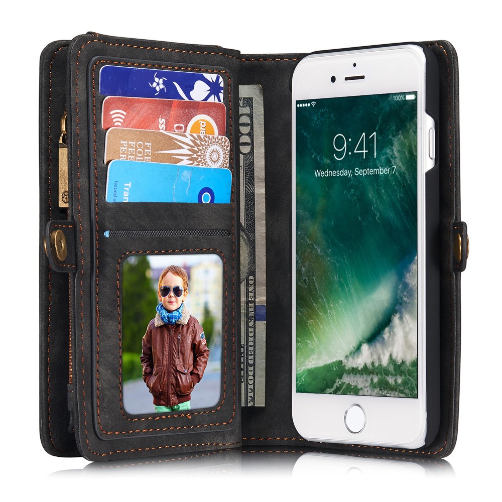 iPhone SE (2022/2020) / 8 / 7 3in1 Leder Tasche   Magnet Hardcase und Karten Etui - Grau