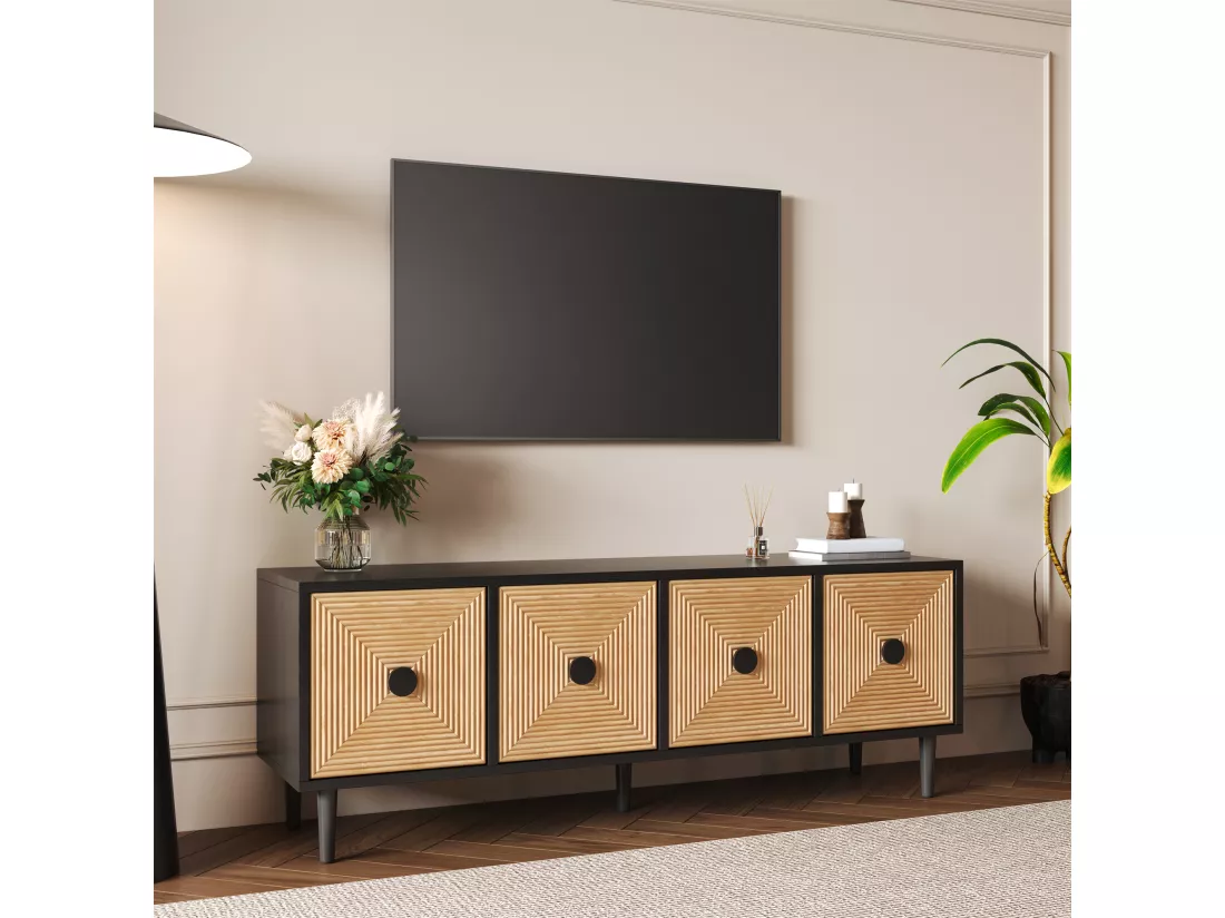 Meuble TV moderne effet bois bambou noir 150x38x55 cm Diestru