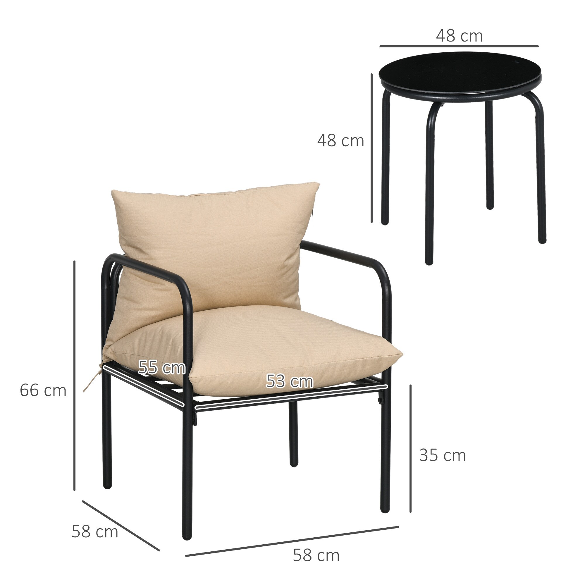 Outsunny Bistro-Set mit 2 Stühlen und Beistelltisch beige 58L x 58B x 66H cm