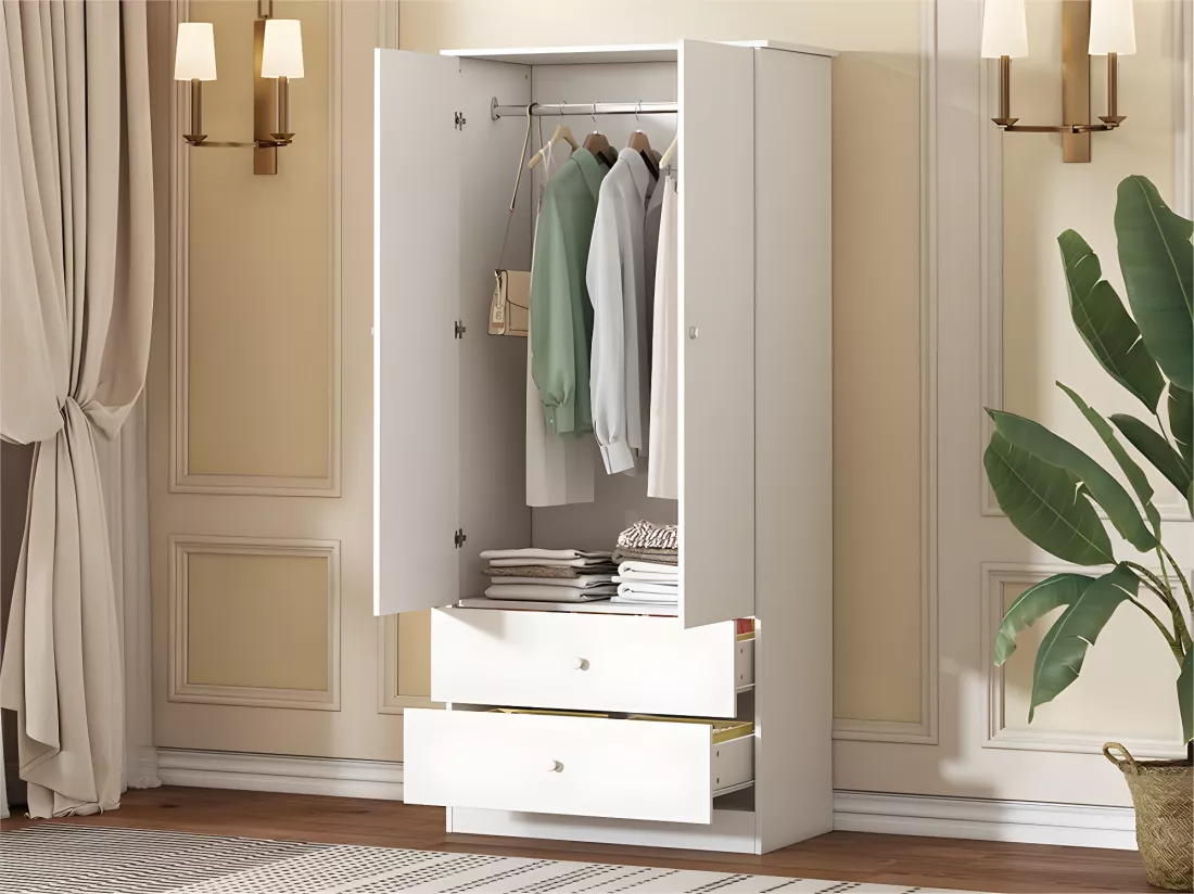 Armoire avec 2 portes et 2 tiroirs en panneaux de particules - H 175cm - Blanc