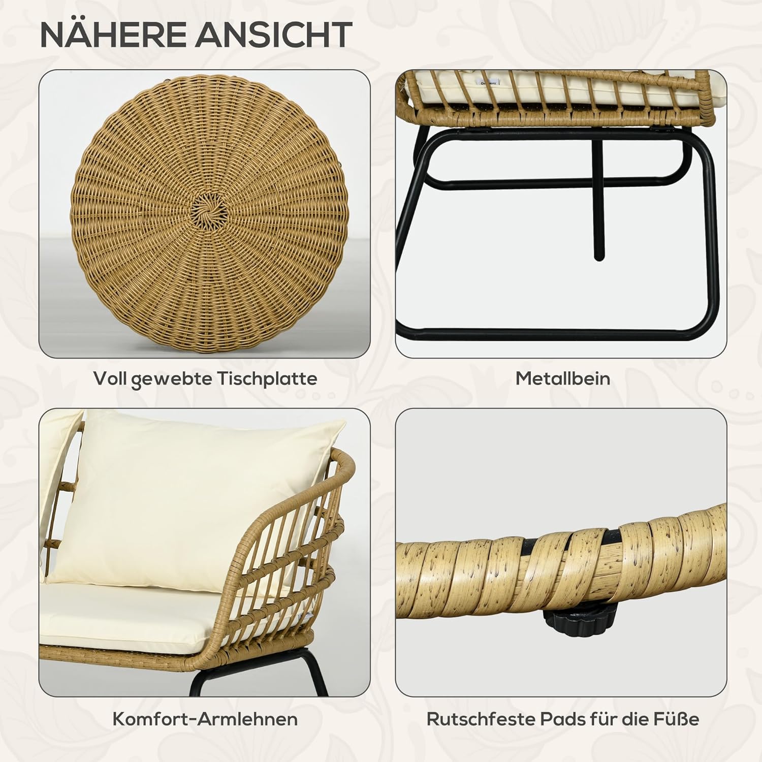 Outsunny 5 TLG. Rattan Gartenmöbel-Set, Sitzgruppe mit Kissen, Gartengarnitur mit 2 Couchtischen, 2 Sesseln, 1 Doppelsofa, Sitzgarnitur für Garten, Terrasse, Stahl, Beige