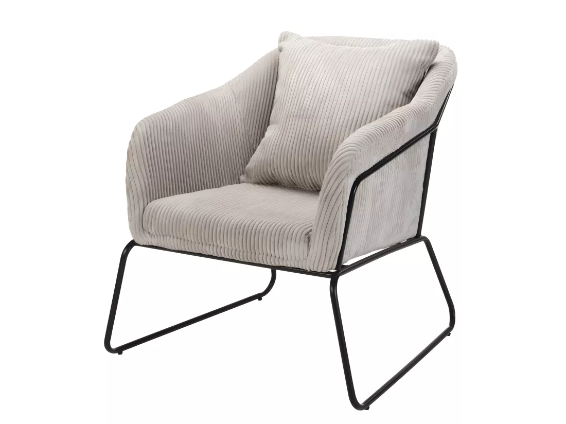 ALBANE - Fauteuil tissu velours cotelé gris perle pieds évasés métal
