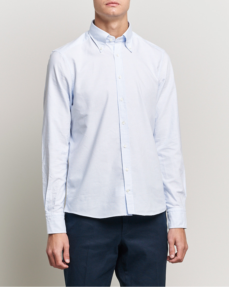 Stenströms Slimline Washed Striped Oxford Shirt Light Blue