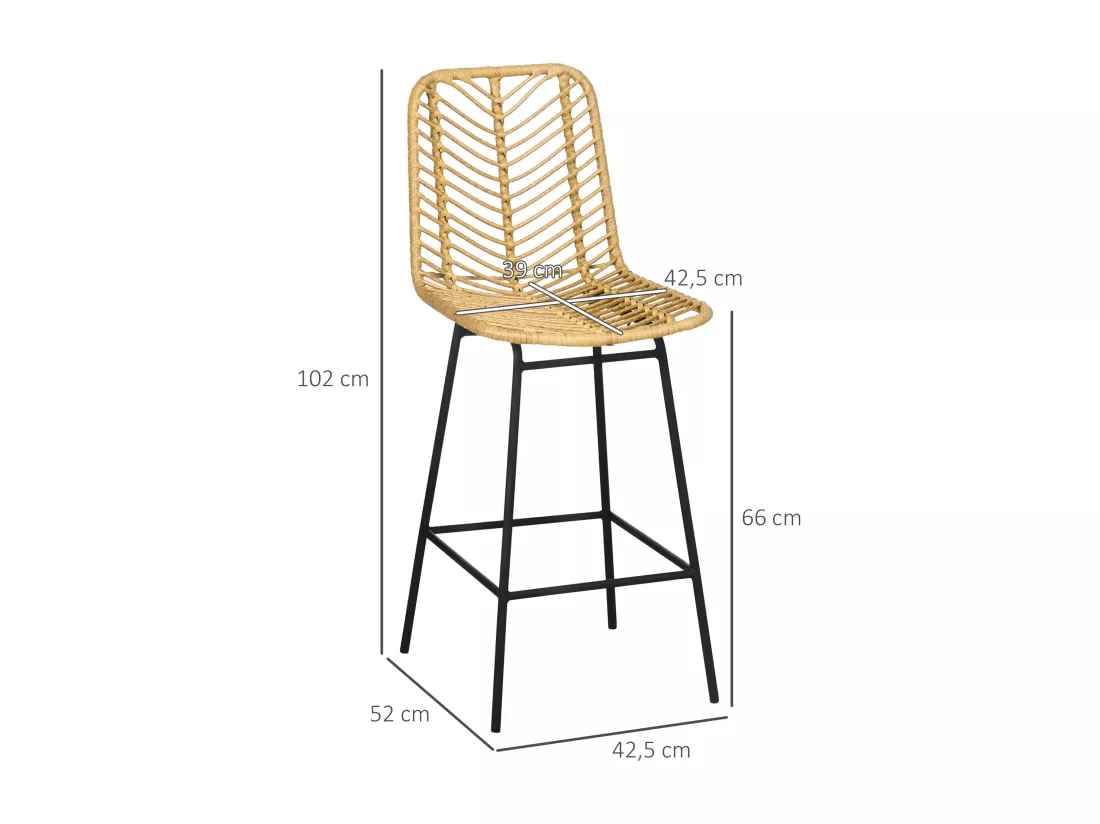 Lot de 2 tabourets de bar style colonial piètement acier noir résine tressée aspect rotin