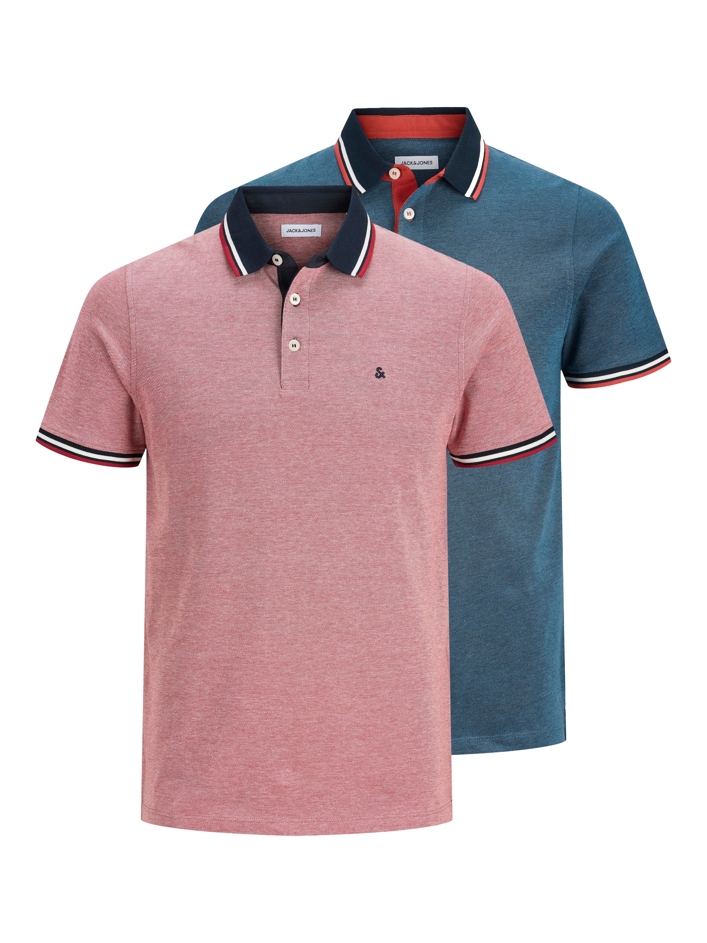 Jack & Jones Poloshirt »JJEPAULOS im Doppelpack mit Logostickerei und Komfort« Packung, 2er-Pack, 2 Stk. unifarben mit Farbeinsatz, modisch, schmal, Baumwolle, Polokragen