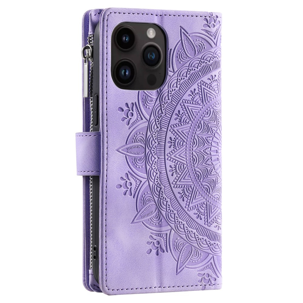 iPhone 15 Pro Leder Tasche Flip Cover mit Reissverschluss - Mandala Flowers Imprint - Lila