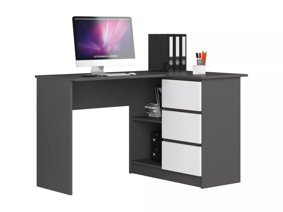 Bureau AKORD d'angle droit B16 Gris Graphite 124 cm 3 tiroirs façade Blanche 2 étagères 124x85x77 cm