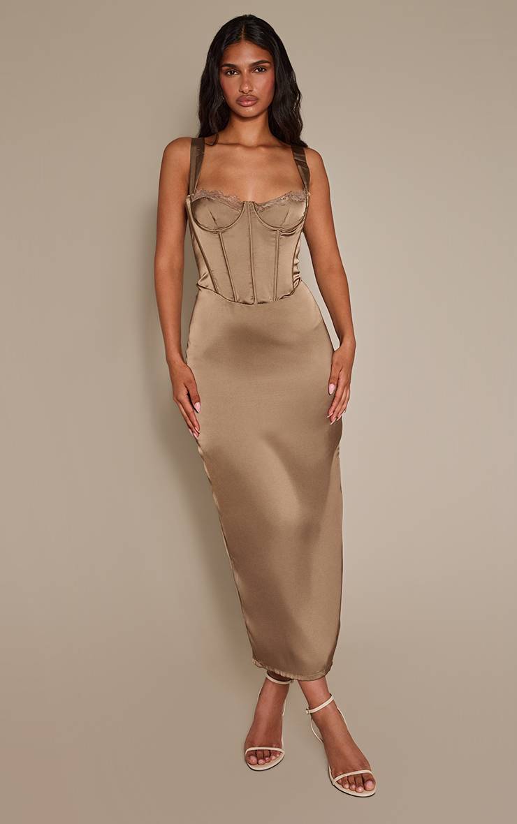 Taupe Robe Midi En Satin Avec Détail De Bonnets En Dentelle
