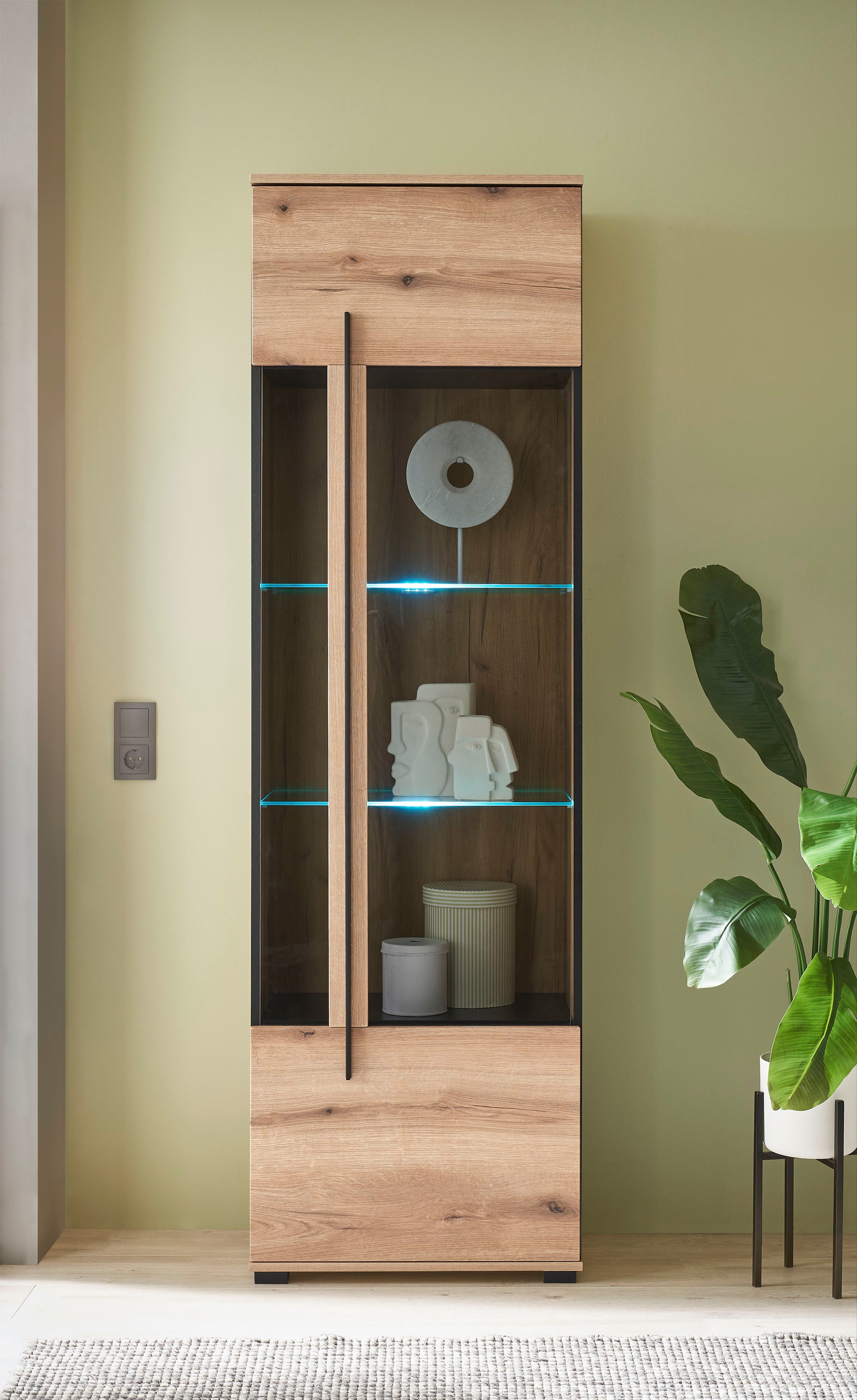 INOSIGN Vitrine »Cantara, Vitrinenschrank in Eiche Evoke oder weiss, Standvitrine« schwarzer Stangengriff, ausreichend Stauraum, vielseitig einsetzbar