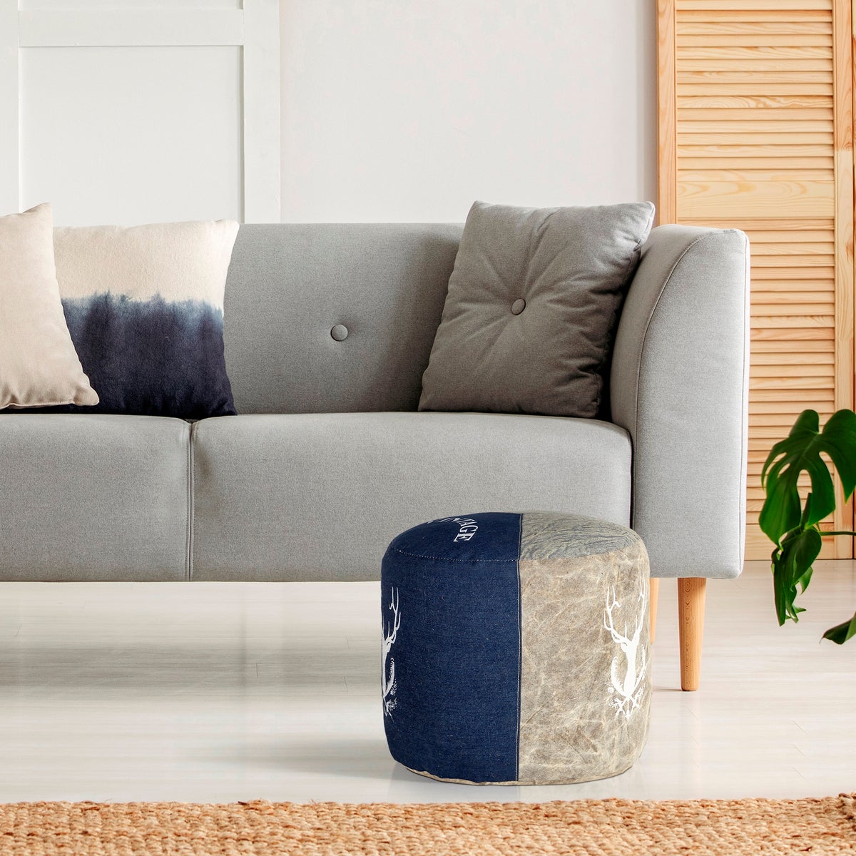 WOMO-DESIGN Jacksonville poef Ø35x43cm, naturel/blauw, uniek stuk, handgemaakt van canvas/denim, katoenen vulling, ronde poef, voetenbankje, voetenbankje, ottomane