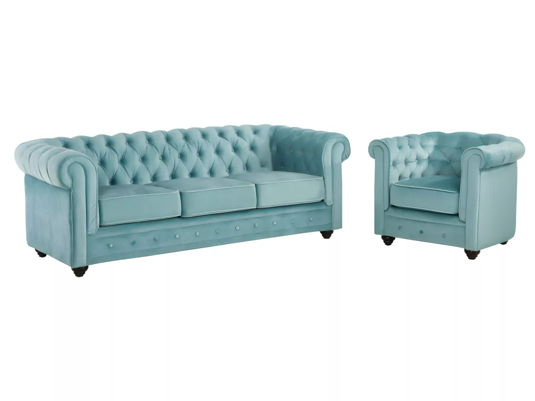 Canapé 3 places et fauteuil CHESTERFIELD - Velours bleu pastel