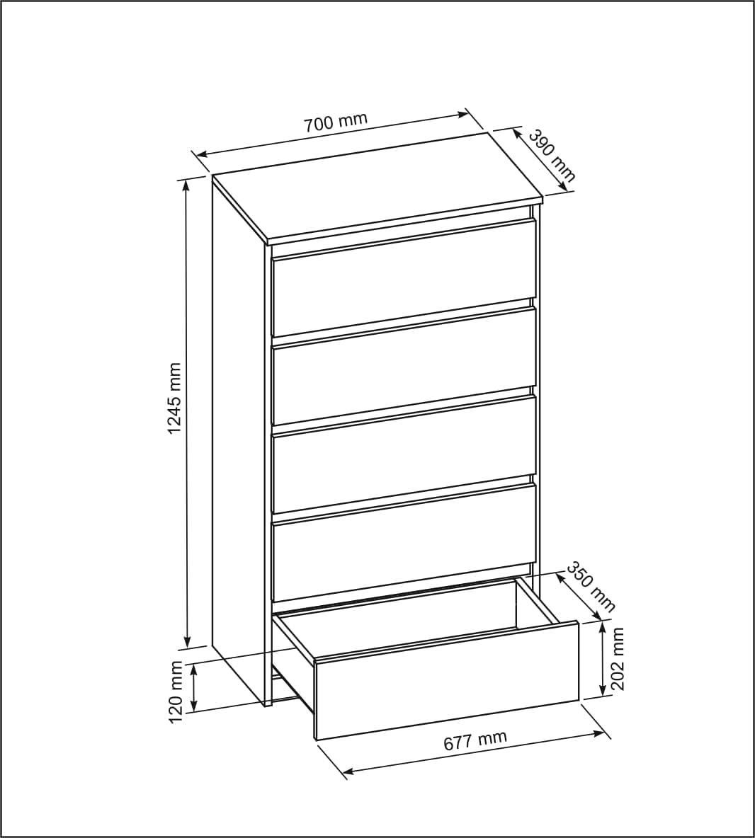 meble masztalerz Kommode Weiss Matt mit 5 Schubladen 70 cm, Sideboard Wohnzimmer, Kommode Schlafzimmer H: 124,5 cm, B: 70 cm, T: 39 cm Kommode mit Schubladen, Schubladenschrank