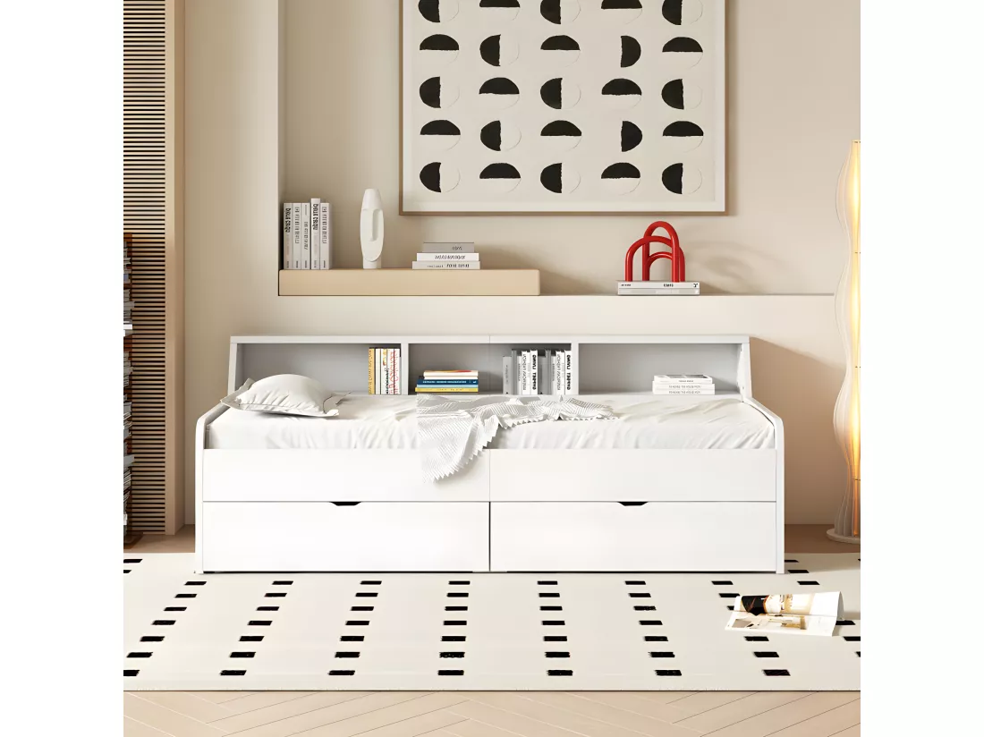 Lit banquette - Canapé lit 90x200cm avec 2 tiroirs - Blanc