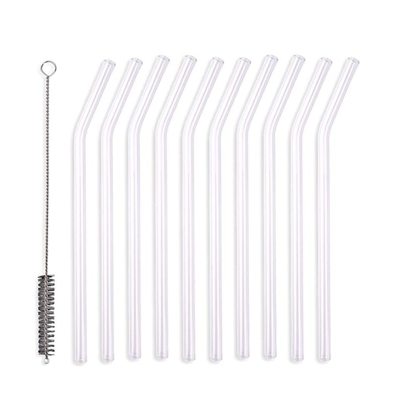 (11-tlg. Set) 20cm Glas Strohhalme Gebogen Wiederverwendbare Trinkhalme inkl. Reinigungsbürsten - Transparent