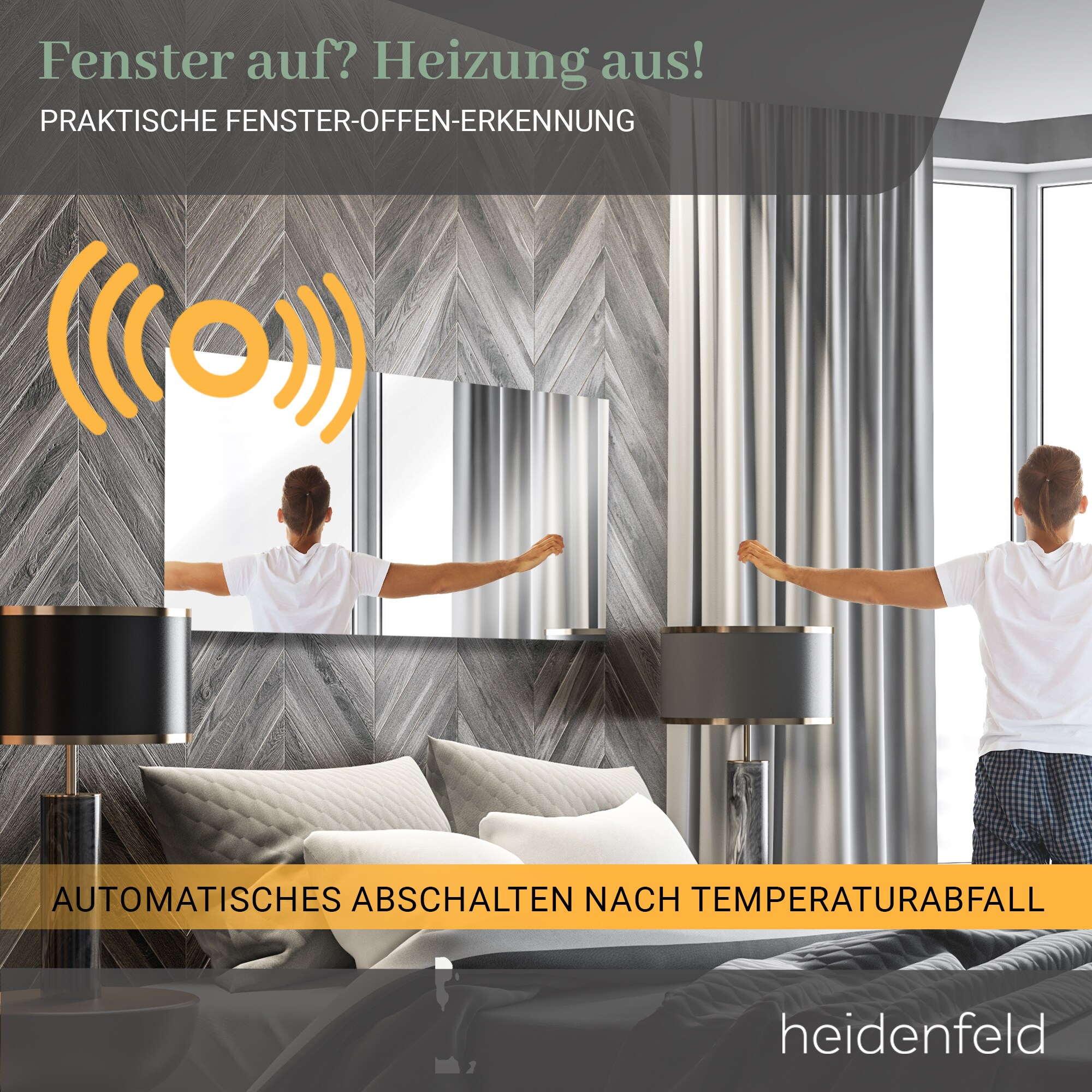 Heidenfeld Infrarot-Spiegelheizung HF-HS100, rechteckig, inkl. Thermostat, 10 Jahre Garantie, IP44 (600 Watt)