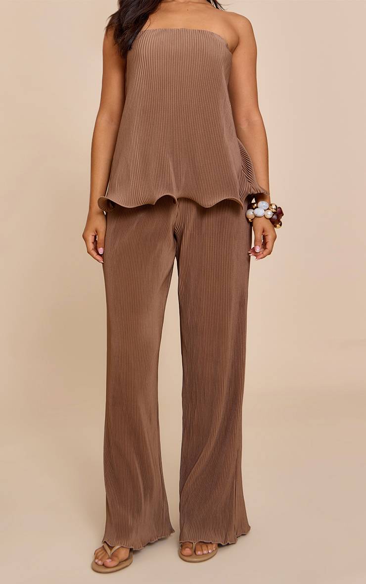 Taupe Pantalon Large Plissé À Bord Volants Petite