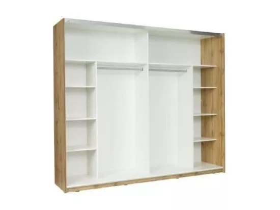 Armoire Wood 2 portes coulissantes avec miroir, coloris chêne et blanc