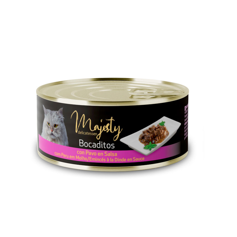 Petiscos de peru ao molho Majesty para gatos adultos em lata.