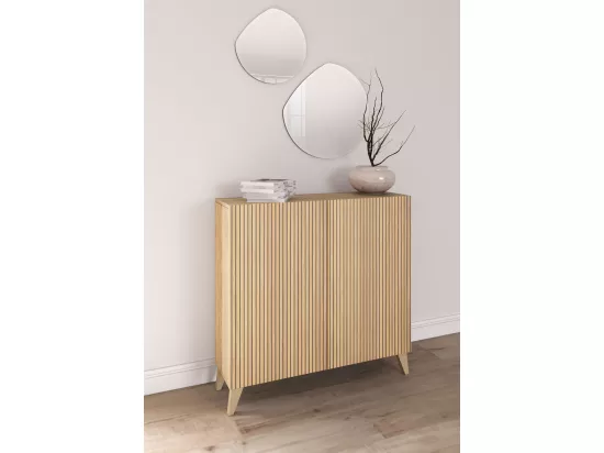 Meuble à chaussures/rangement - H87cm x L90cm x P27cm chêne portes impression lattes - Sunne