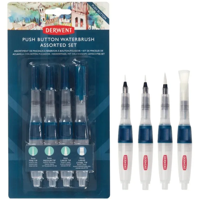 Derwent Push Button Waterbrush - sæt med 4 stk.