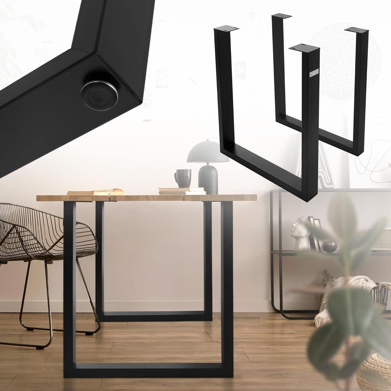 ML-Design 2er Set Tischgestell 70 x 74 cm in U-Form, Metall, Schwarz, Industrial-Design, Verstellbarer Bodenschutz, Kufengestell für Esstische & Schreibtische, Tischbeine Tischkufen für DIY-Projekte