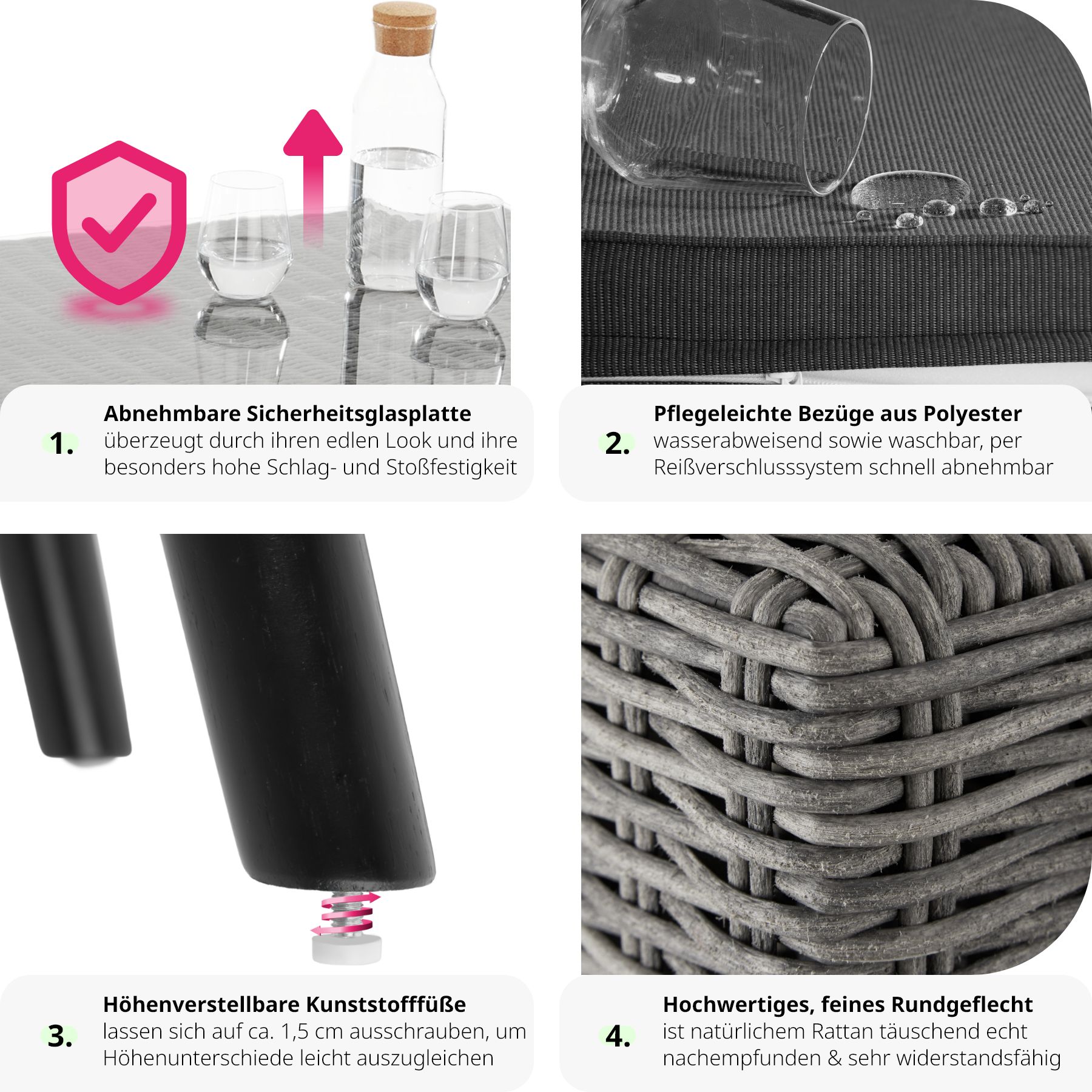 tectake® Rattan Lounge, mit Aluminiumgestell, wetterfest und UV-beständig, mit Sicherheitsglasplatte