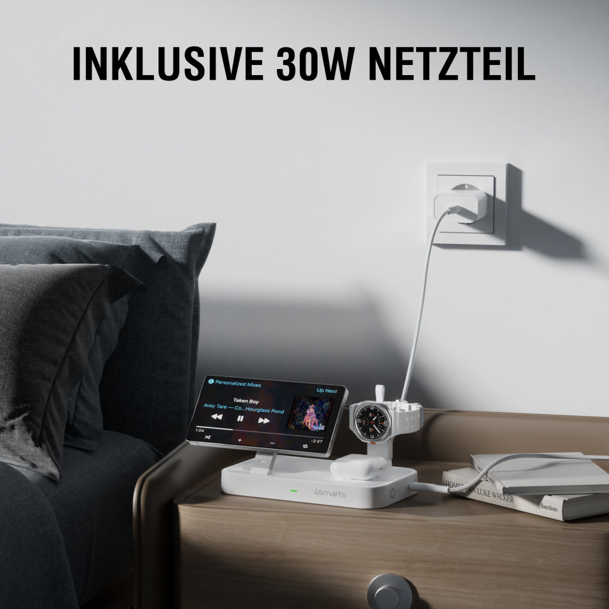 (25W) 3in1 Qi2 Trident MagSafe Wireless Charger für Samsung Galaxy Watch inkl. (35W) Netzteil   USB C Kabel (4S541368) - Weiss