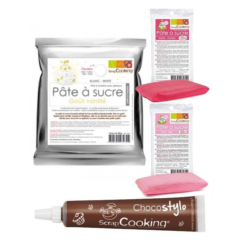 Kit pâte à sucre naissance fille + 1 Stylo chocolat Scrapcooking