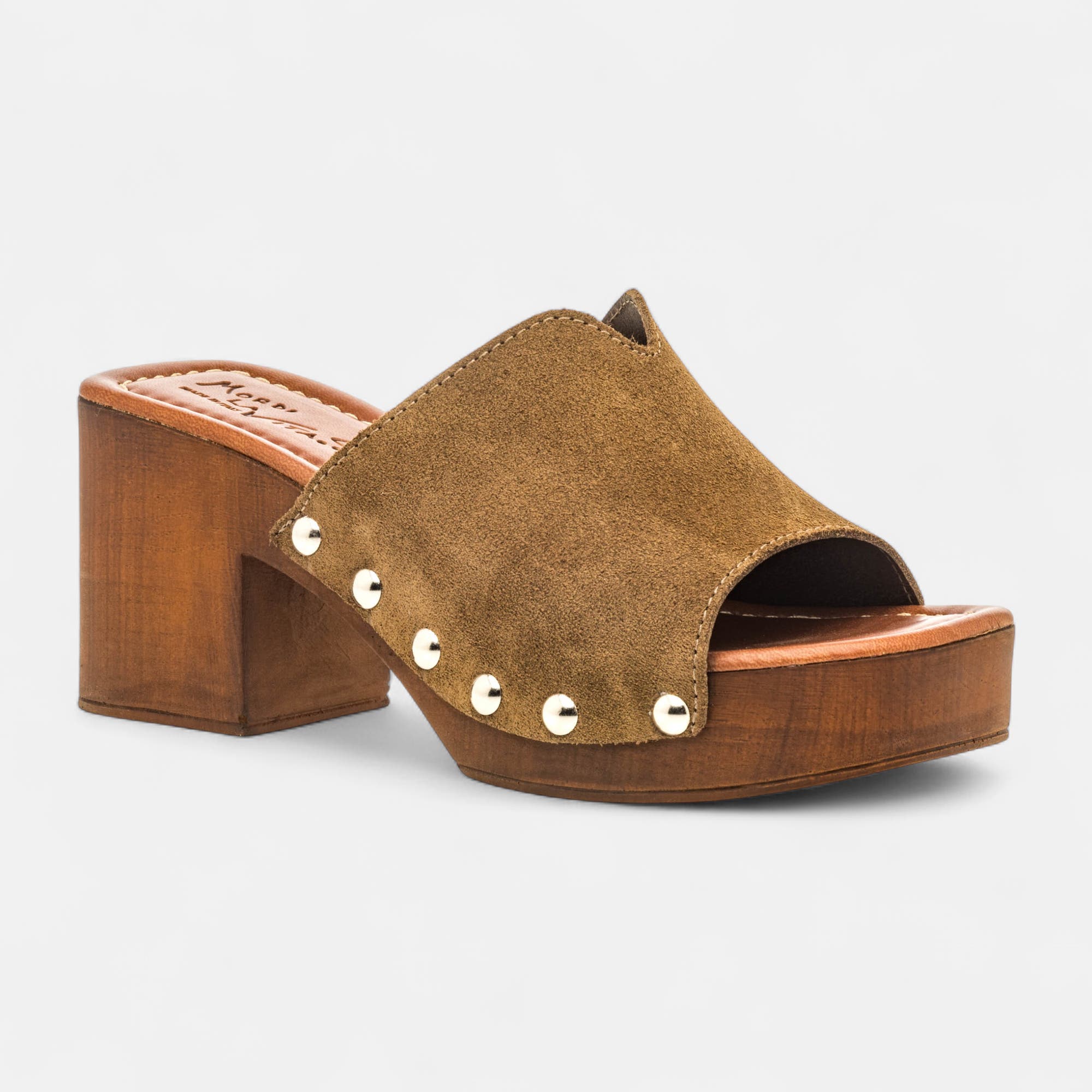Chaussures semelle bois à talon Femme en cuir kaki