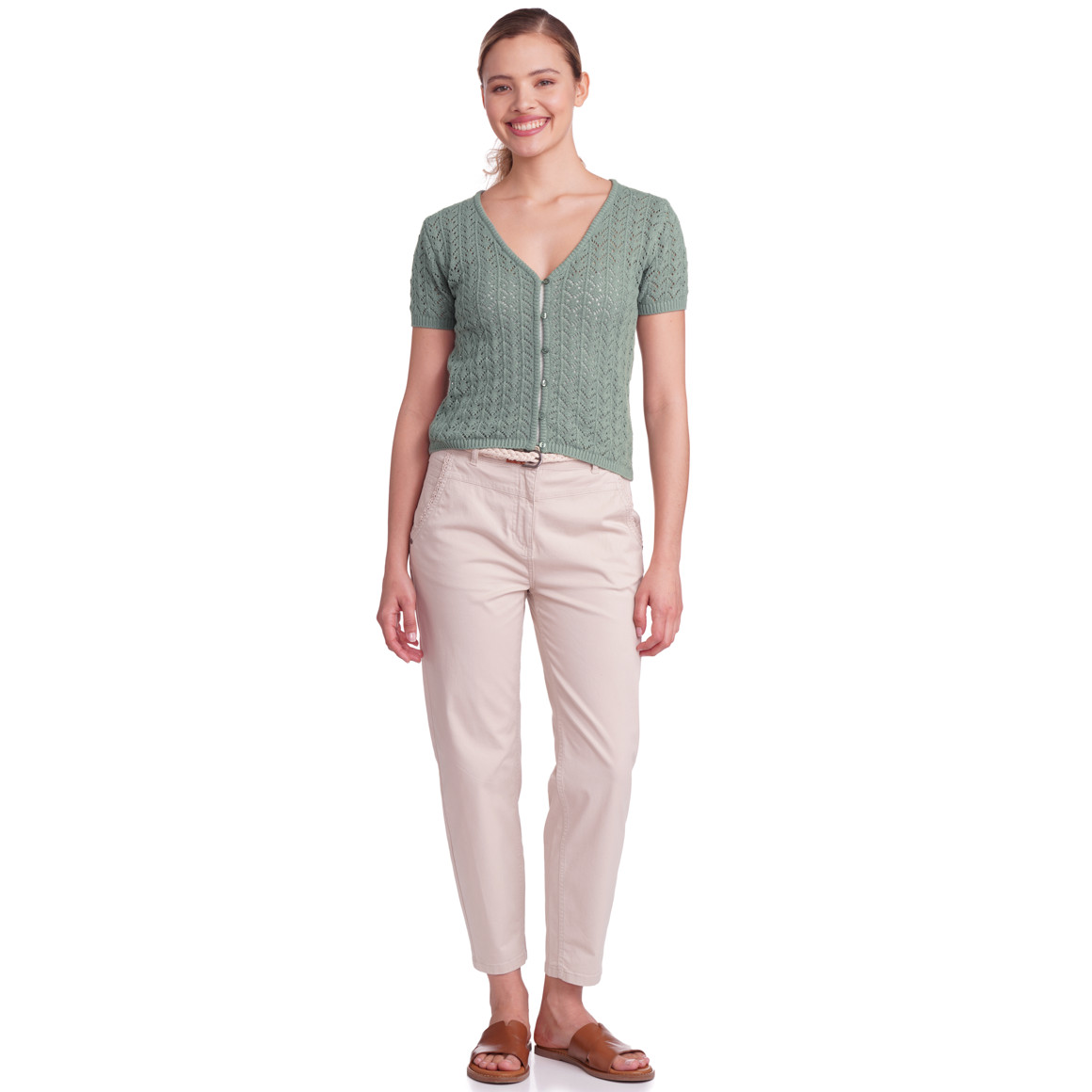 Gina Damen Strickjacke mit Ajour-Muster oliv