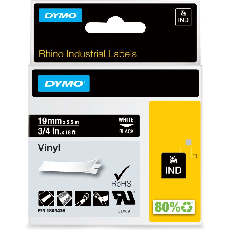 DYMO RHINO Etiquette en vinyle, 19 mm x 5,5 m, noir/