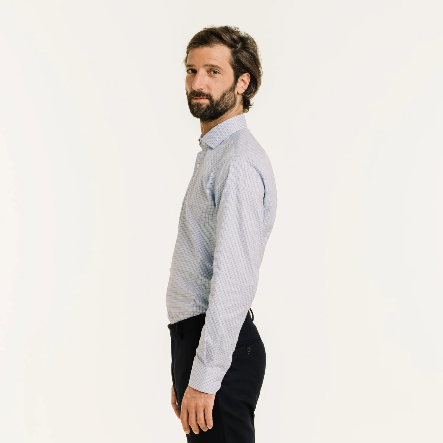 Fitted shirt in double twisted twill with blue checks