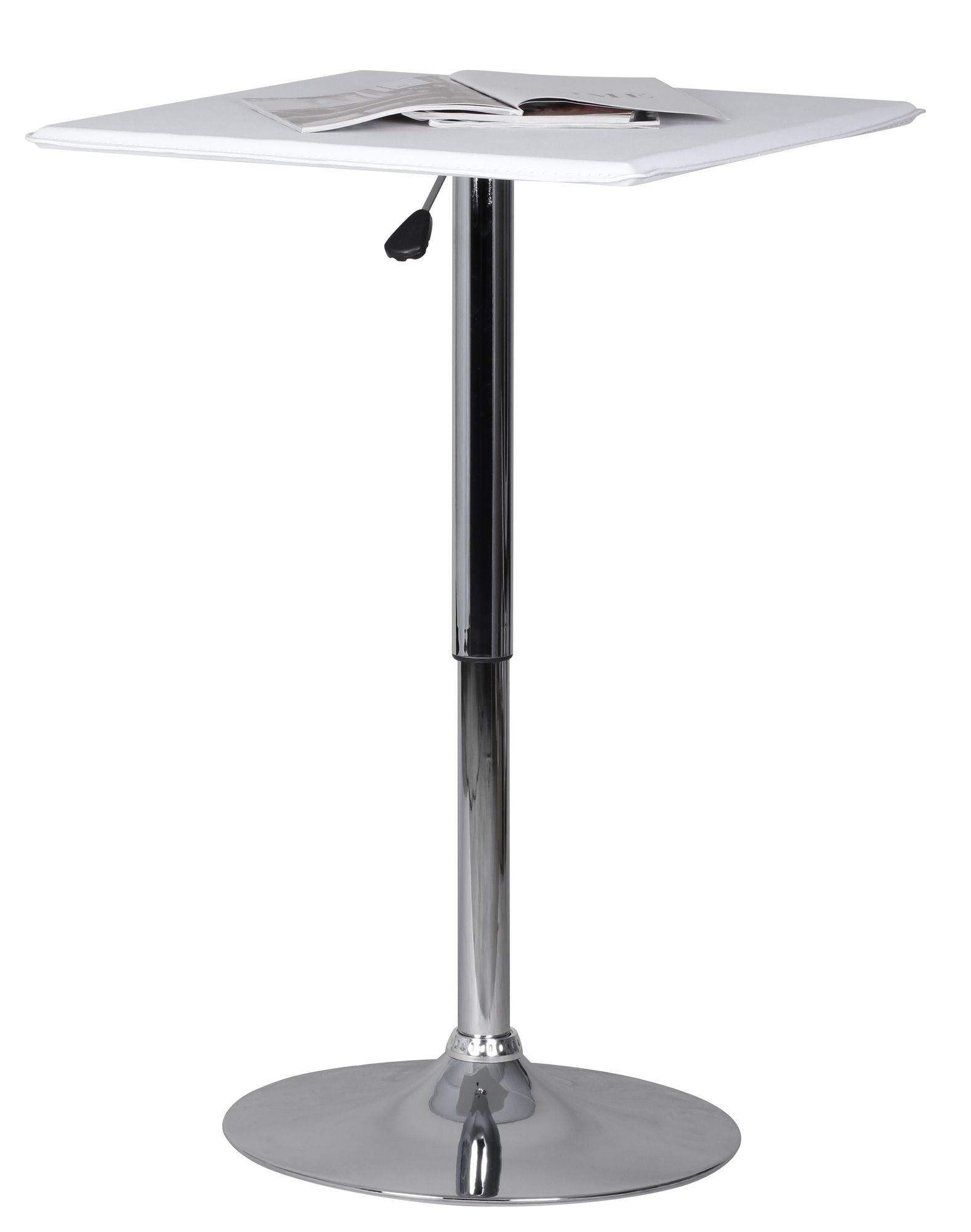 KADIMA DESIGN Stehtisch: Höhenverstellbare Leder-Optik Tischplatte, Chromgestell, 63x63 cm, drehbar, Weiß.