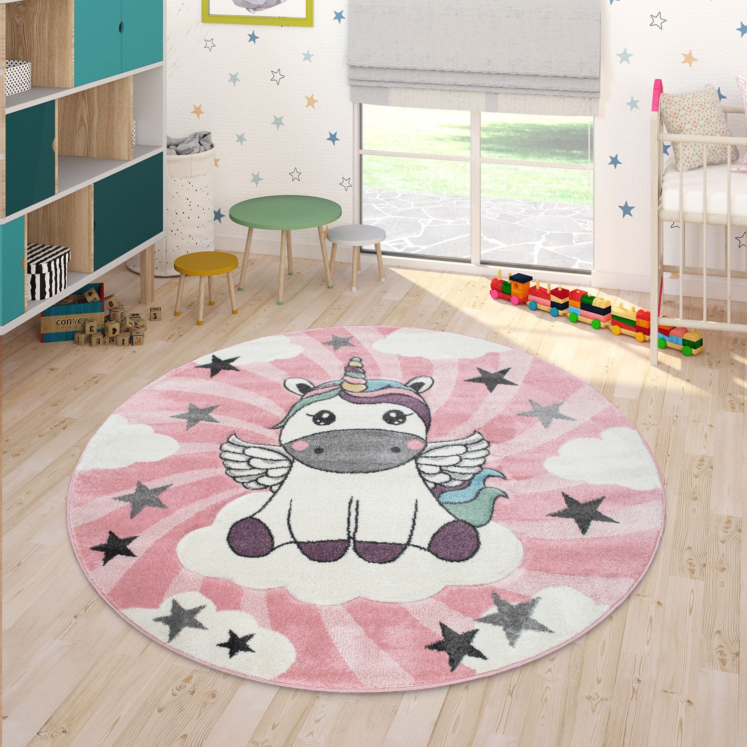 Paco Home Kinderteppich »Cosmo 395« rund 12 mm Höhe 3D-Design, niedliches Einhorn Motiv, Pastell-Farben, Kinderzimmer