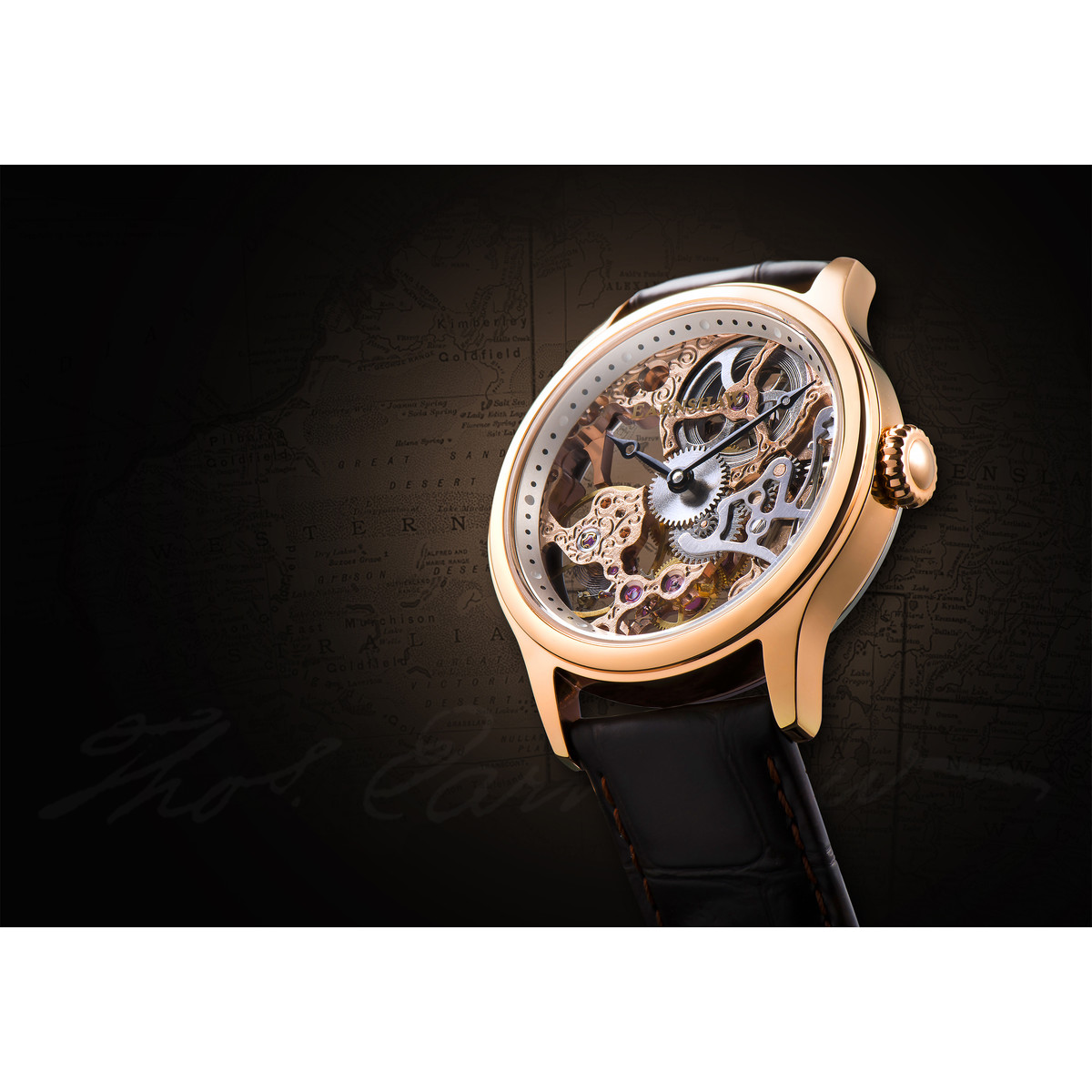 Montre EARNSHAW Bauer homme automatique acier doré rose bracelet cuir marron foncé
