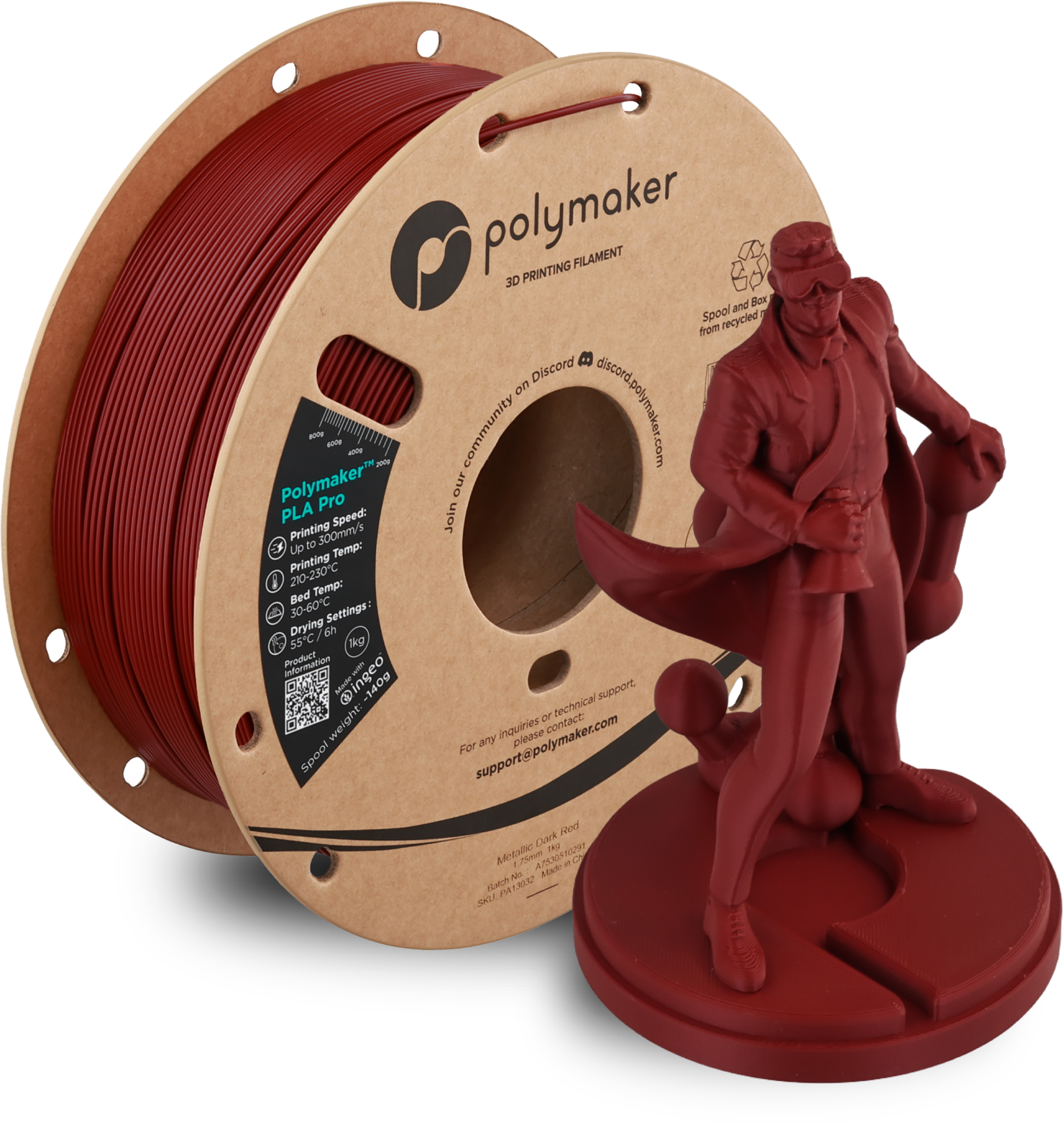 Polymaker  PLA Pro Metallic Dark Red, 1,75 mm / 1000 g    Neue, verbesserte Formulierung: Hochleistungs-High Speed-PLA in Metallic Dark Red