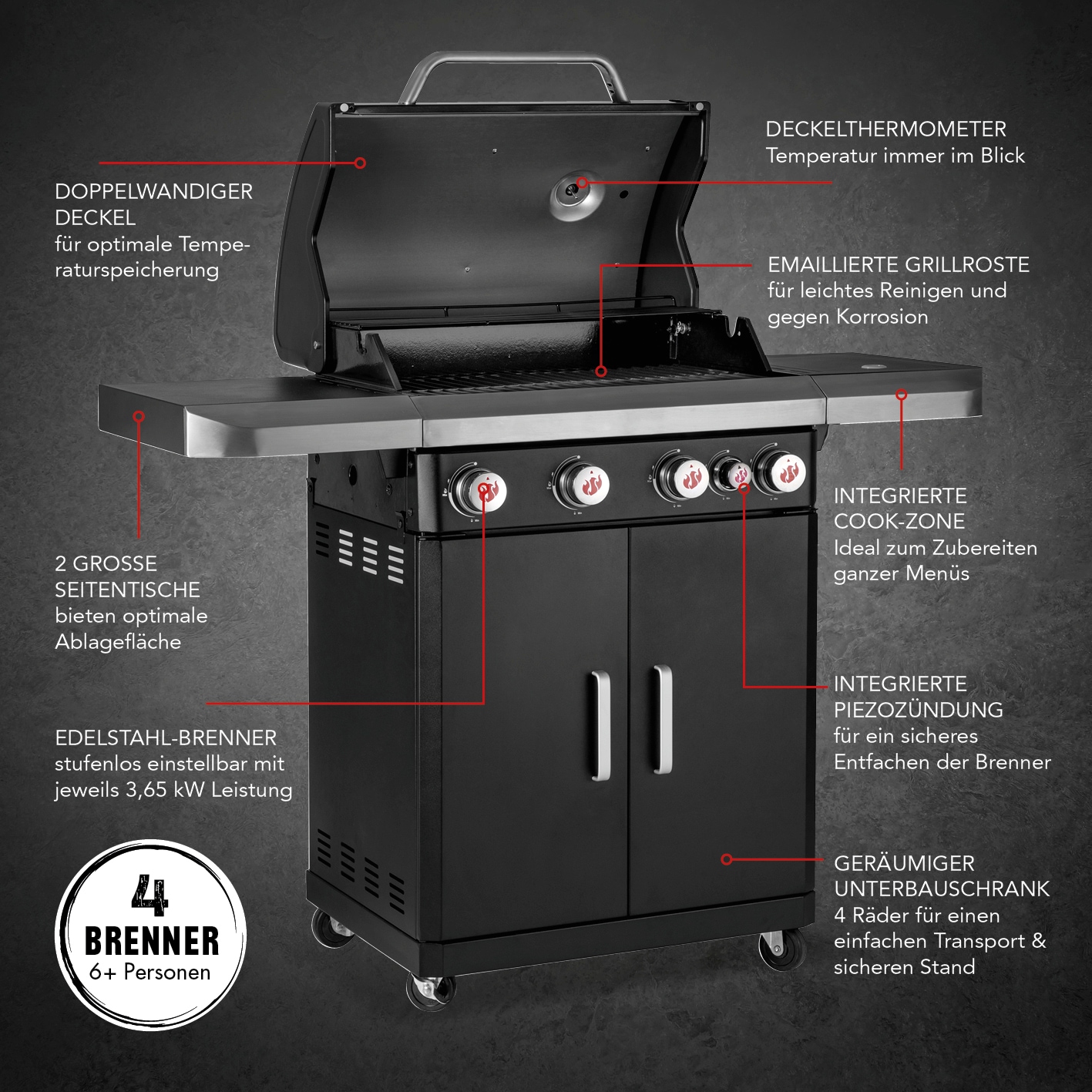 Landmann Gasgrill 12231 Rexon PTS BR4.1 120cm schwarz