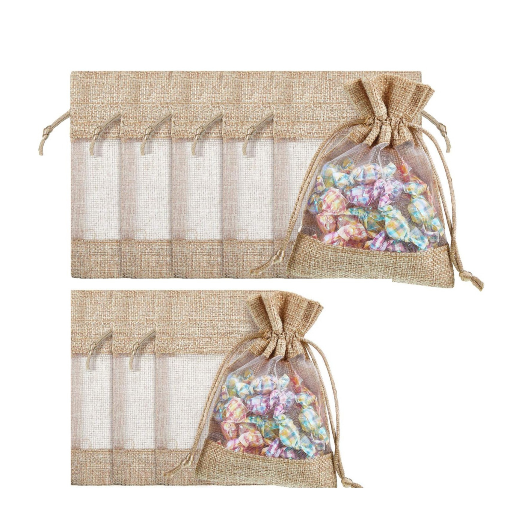 (10er Set) 18x13cm Jute Geschenk Beutel Gift Bag mit Kordelzug / Sichtfenster - Natur