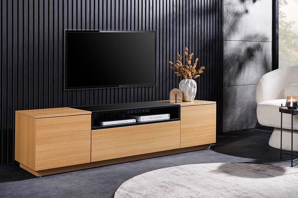 Modernes TV-Board LOFT 160cm natur schwarz drei Fächer mit Schublade