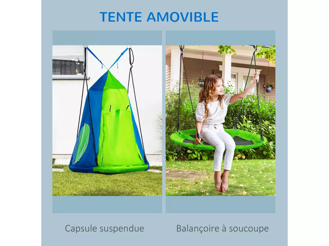 Balançoire nid d'oiseau ronde balançoire panier Ø 1 x 1,8H m - tente amovible incluse - 4 anneaux inclus métal époxy Oxford haute densité bleu vert