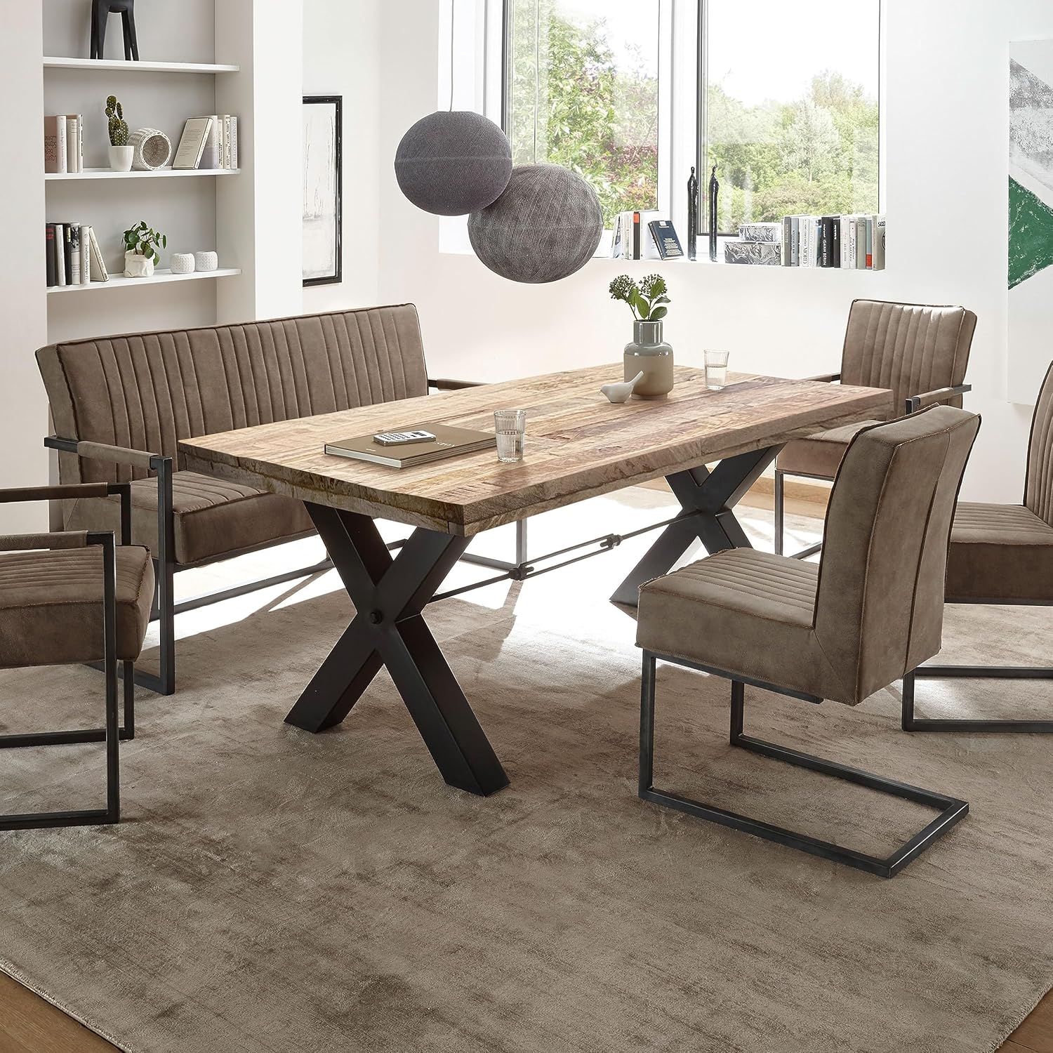 DEHLI Esstisch Massivholz Mango - Hochwertiger Esszimmertisch mit X-förmigem Metallgestell für Ihr Esszimmer - 200 x 77 x 100 cm (B/H/T)