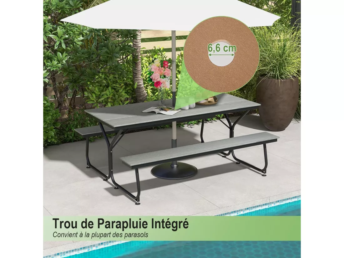 Ensemble Table et Bancs de Pique-Nique avec Cadre Métal, Ensemble de Jardin Imperméable pour 8 Personnes Banc Charge 500KG, pour Jardin Piscine, 183 x 150 x 76 cm (Marron)