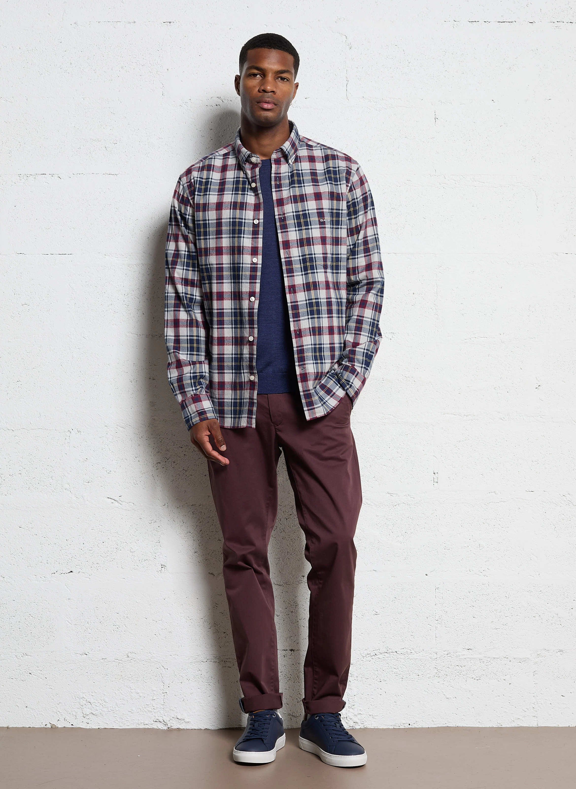 Chemise col classique à carreaux en coton| Bleu