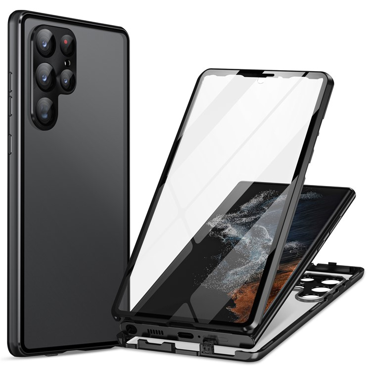 Samsung Galaxy S24 Ultra Magnetische Alu Schutzhülle mit Panzer Glas Backcover   Display- / Kameraglasschutz (Verschlussmechanismus) - Schwarz