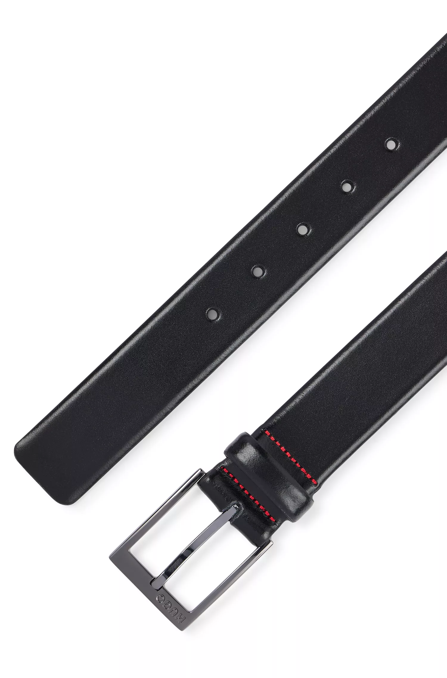 Cinto HUGO em couro italiano vermelho com detalhes em metal polido cor de chumbo.